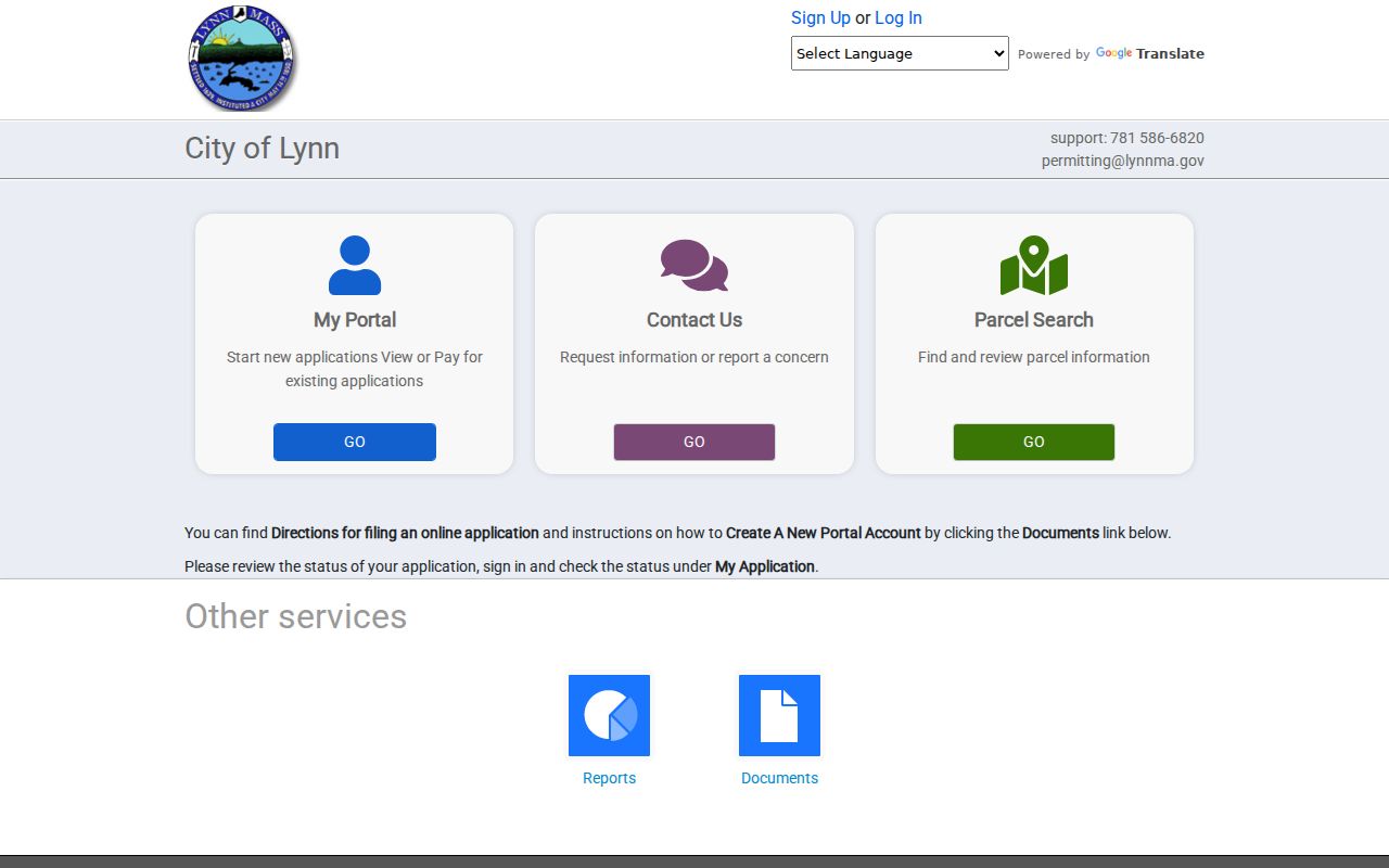 Lynn street directory screenshot of the SmartGov parcel and permit portal