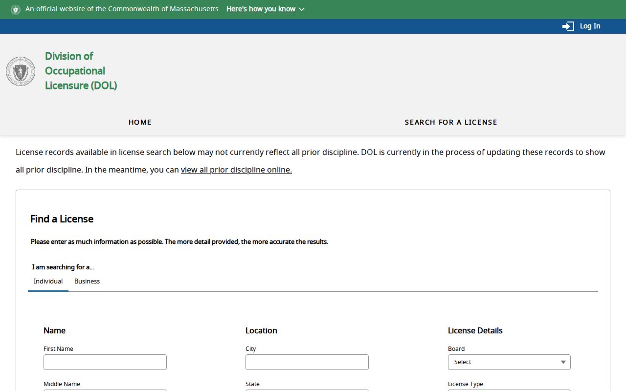 Lynn ZIP code directory screenshot of Massachusetts license search ZIP controls