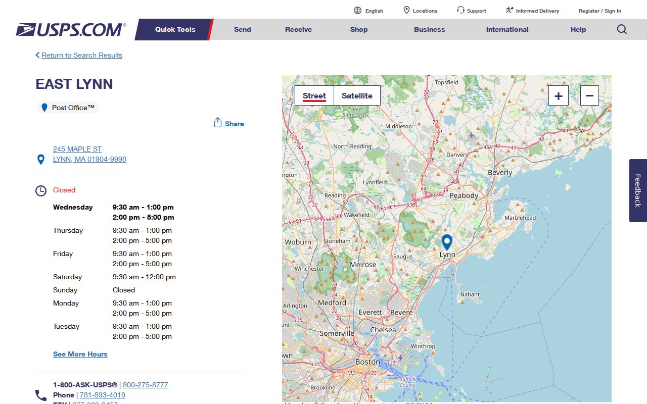 Lynn ZIP code directory screenshot of the USPS East Lynn station for 01904