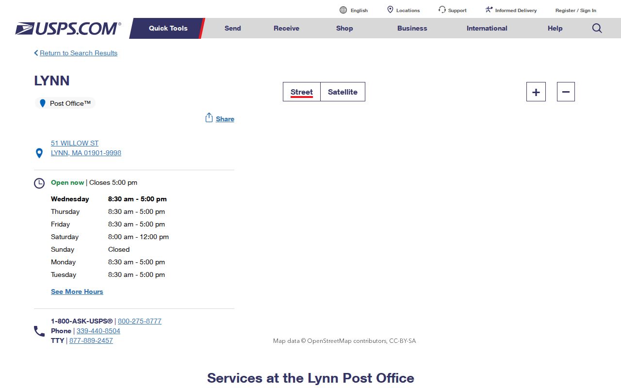 Lynn ZIP code directory screenshot of the USPS Lynn Post Office for 01901